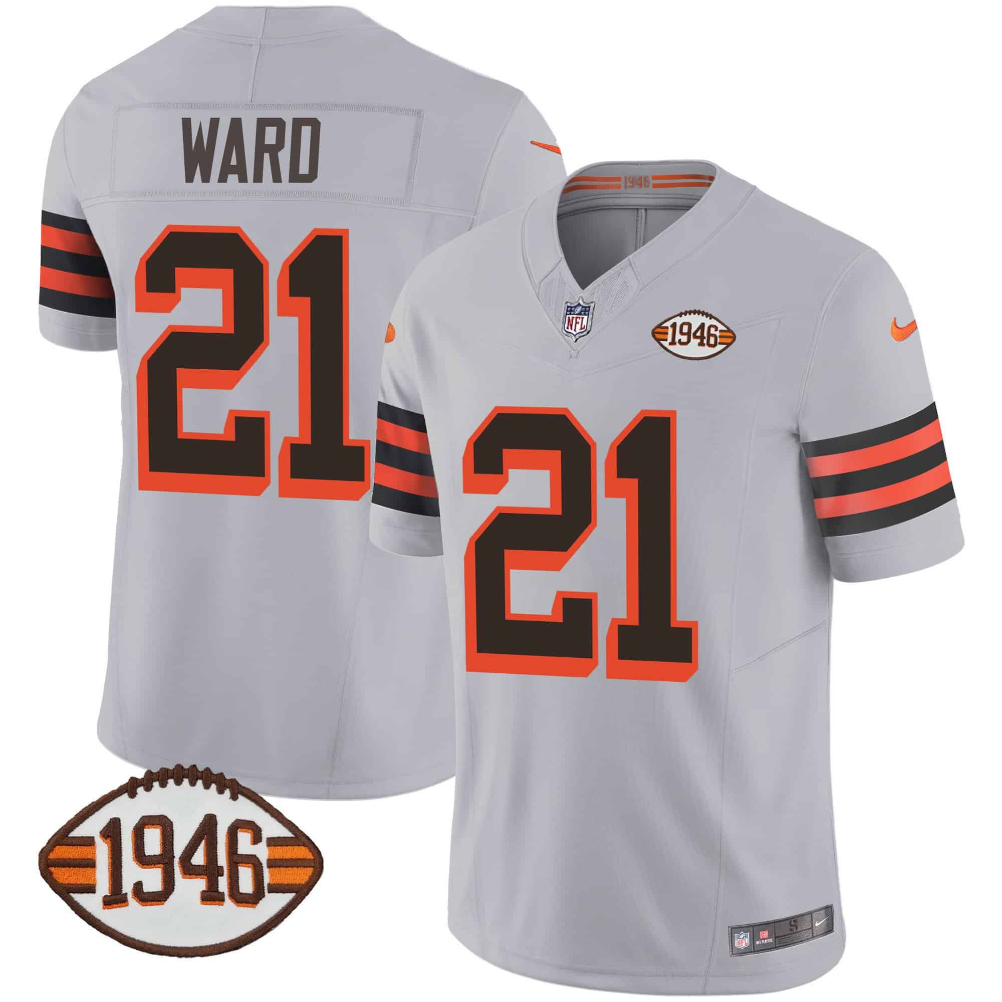 Men Cleveland Browns #21 Ward Grey 1946 75th Anniversary Patch 2024 Nike NFL Jersey